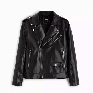 Zara Black Faux Leather Jacket, Moto Biker Jacket, Size L, Ref 3427/300